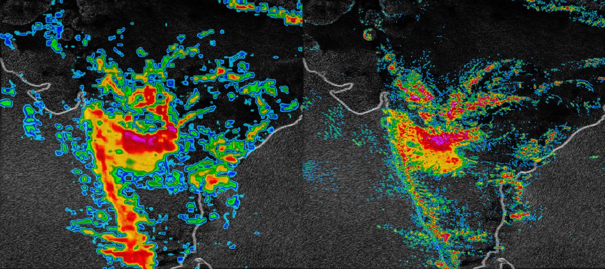 On the left, an 8.1 mile (13 kilometer) resolution model shows a monsoon moving over India. On the right, the 1.9 miles (3 km) resolution model represents the same weather pattern in much more detail.