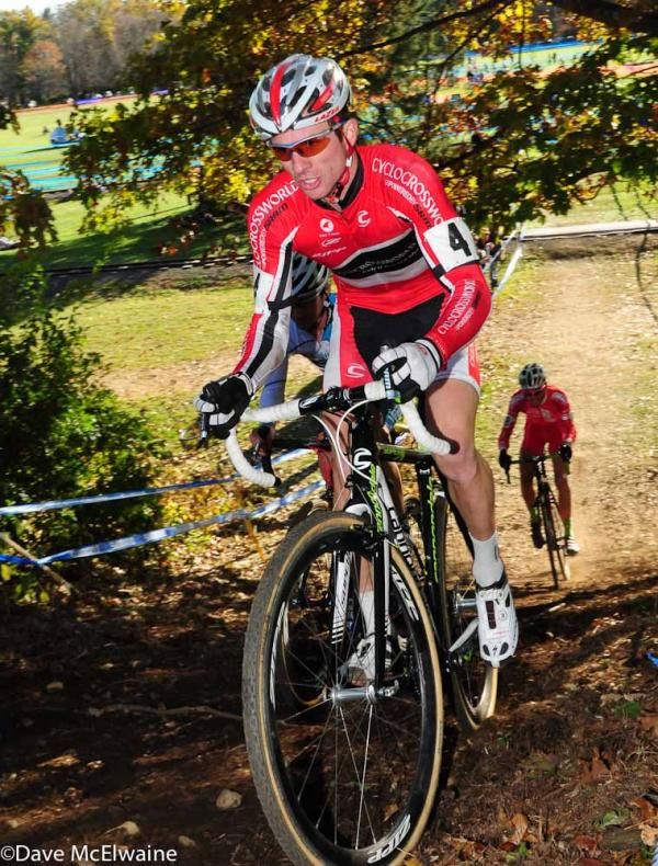 Dylan McNicholas (Cyclocrossworld.com) leading Keough on one of the climbs.