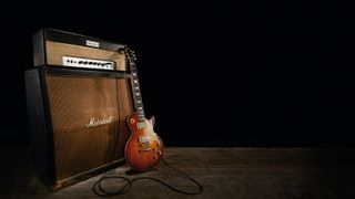 An original 'sandwich front' 1964 Marshall JTM 45 MKII amp head sits atop a 1968 Marshall 1960A 4x12 speaker cabinet loaded with 'greenback' G12M Celestion drivers. What more could a Gibson Les Paul Standard ask for?