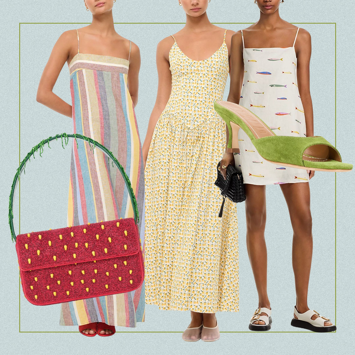 A collage of Staud clothing. 