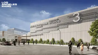Outside an architectural rendering of the Hollywood Park Studios that will host the International Broadcast Center during the Olympics