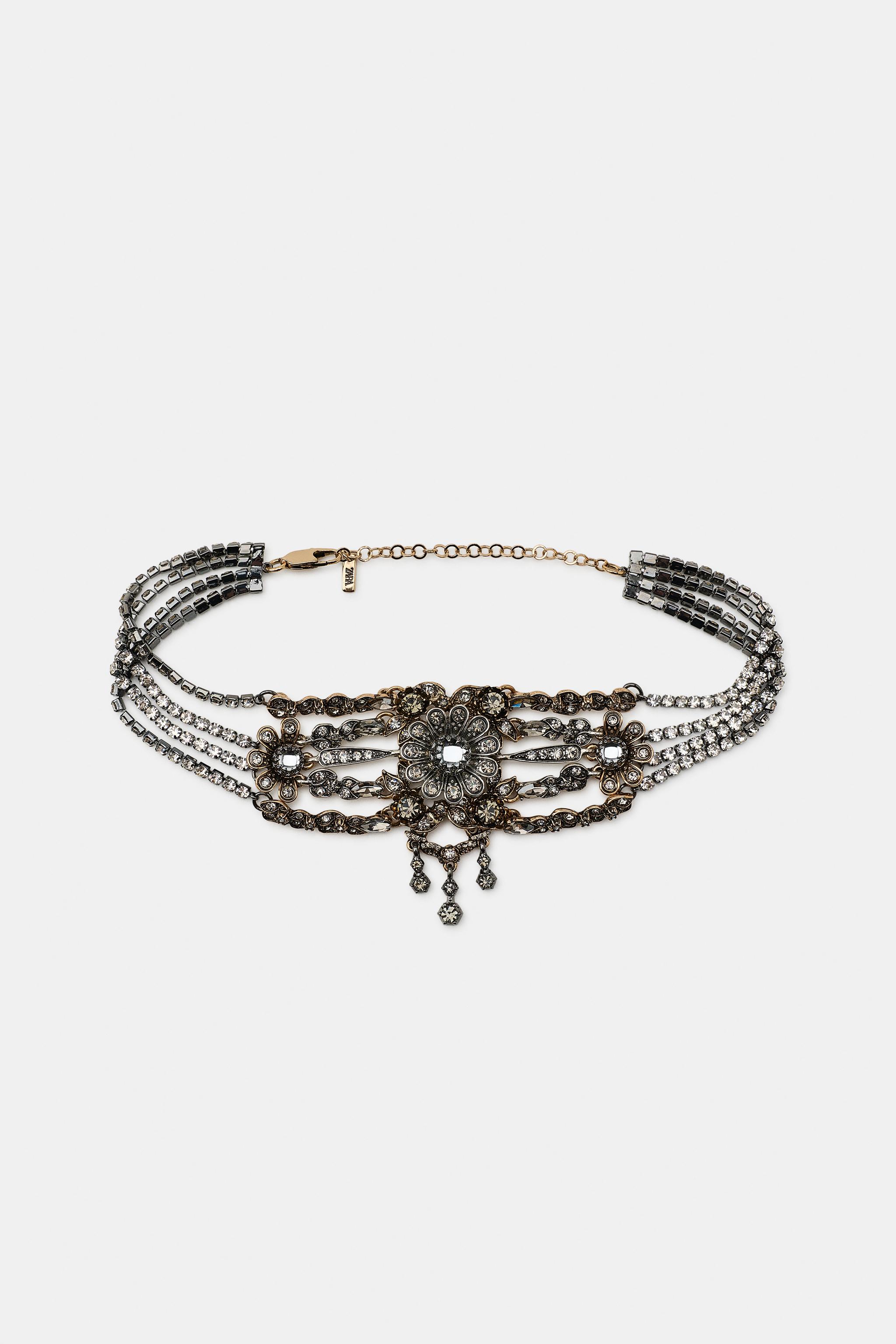 Jeweled Flower Choker - Aged Gold - M