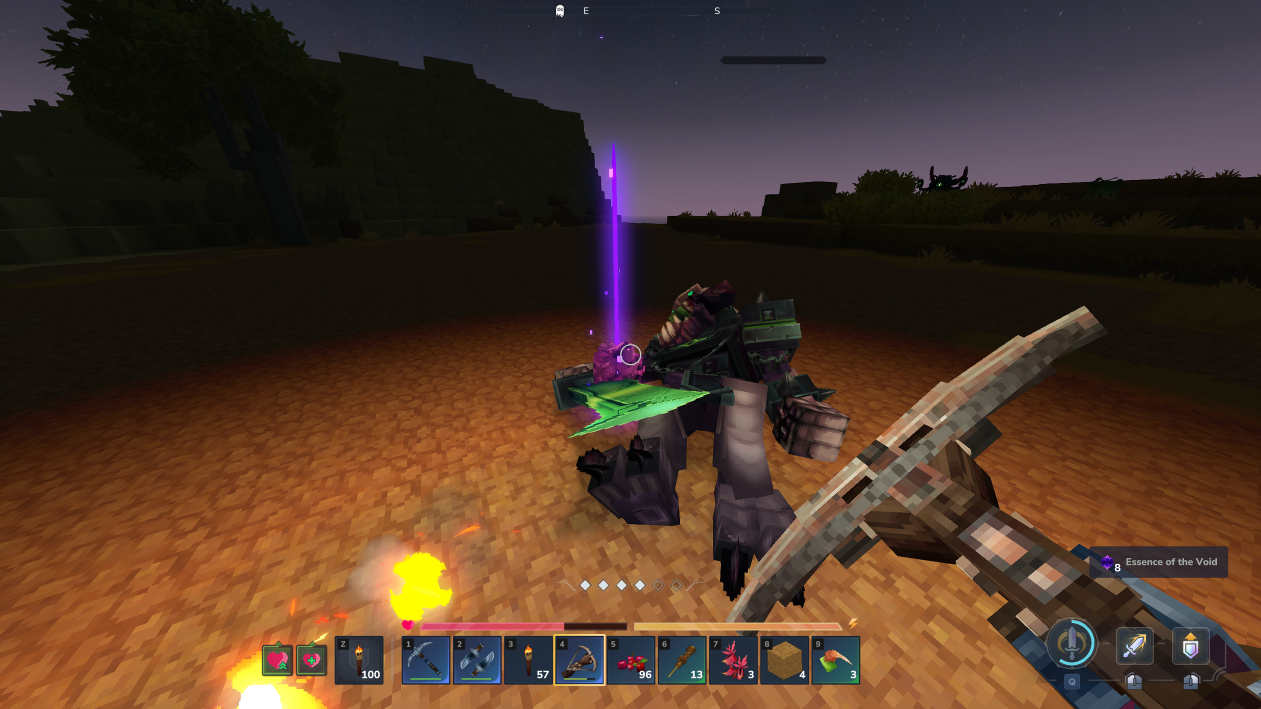Hytale voidheart: A player looking at a dead Void Spawn and its head, holding a crossbow and a torch.