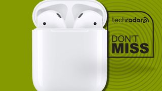 Apple AirPods 2 on green background, with TR's Don't Miss badge in black