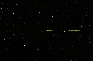 With BB Sagittarii in your telescope at high power, scan the star field for tiny Pluto.