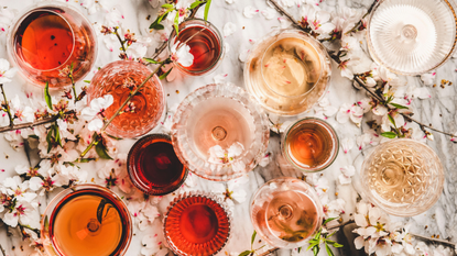 Different shades of rose and orange wine seen from above on a white marble table scattered with cherry blossom 