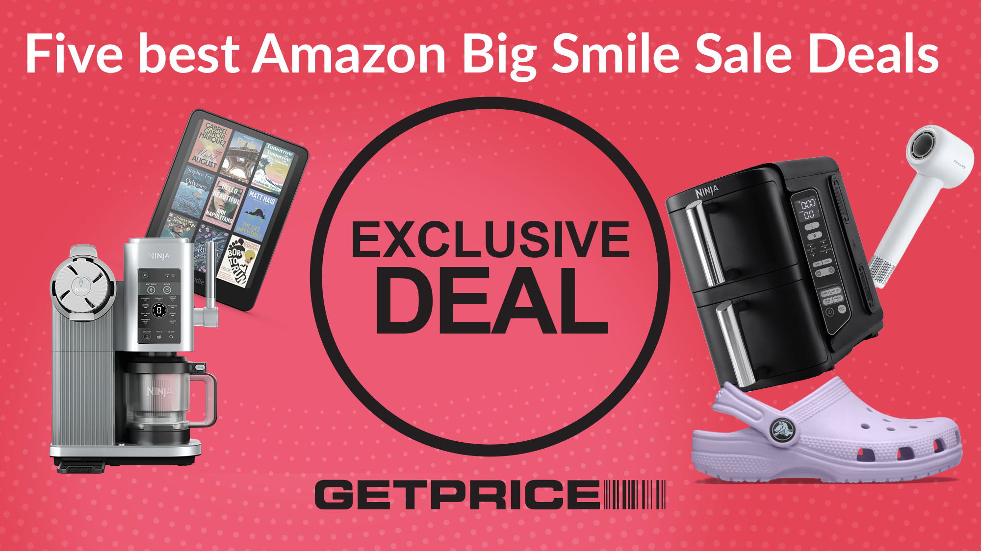 Pink background with scattered Amazon product images