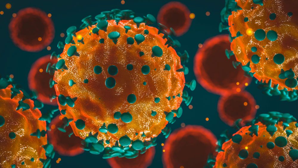 Computer rendering of coronavirus organism, tinted orange.