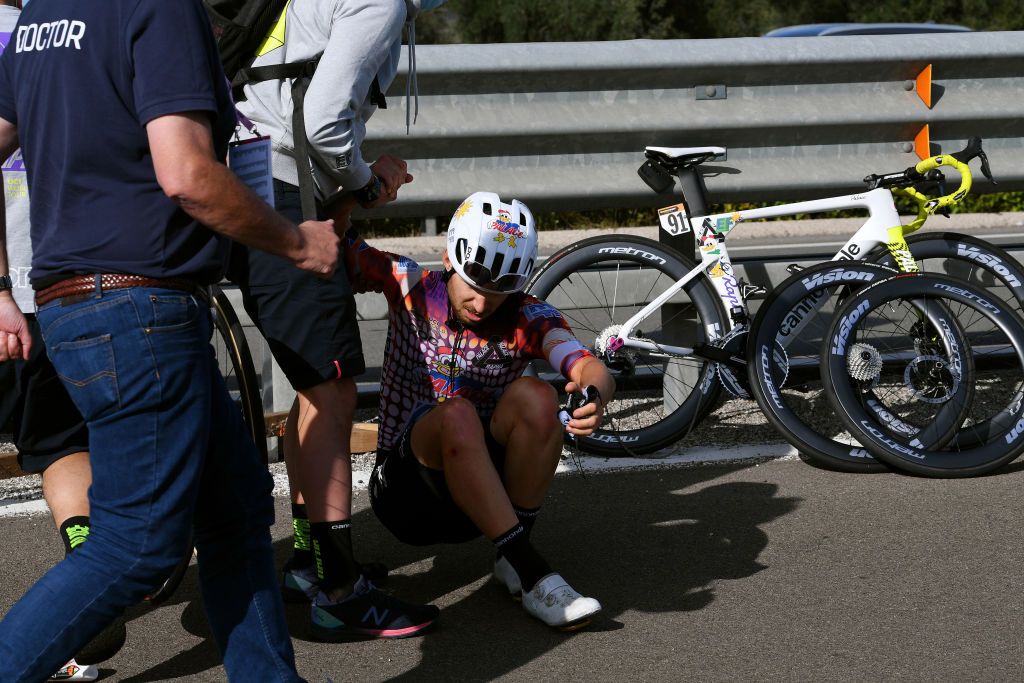 BRINDISI ITALY OCTOBER 09 Sean Bennett of The United States and Team EF Pro Cycling Crash Injury during the 103rd Giro dItalia 2020 Stage Seven a 143km stage from Matera to Brindisi girodiitalia Giro on October 09 2020 in Brindisi Italy Photo by Tim de WaeleGetty Images