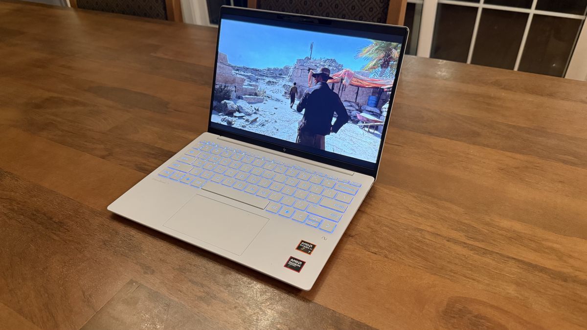 HP OmniBook 7 Aero laptop on a wooden desk