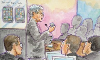 A court sketch shows Apple attorney Harold McElhinny delivering his opening statement on July 31 during the Samsung-Apple patent trial, which is now coming to a close.