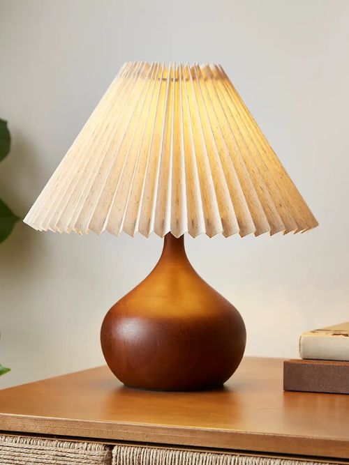 Mid Century Wooden Table Lamp With Pleated Shade