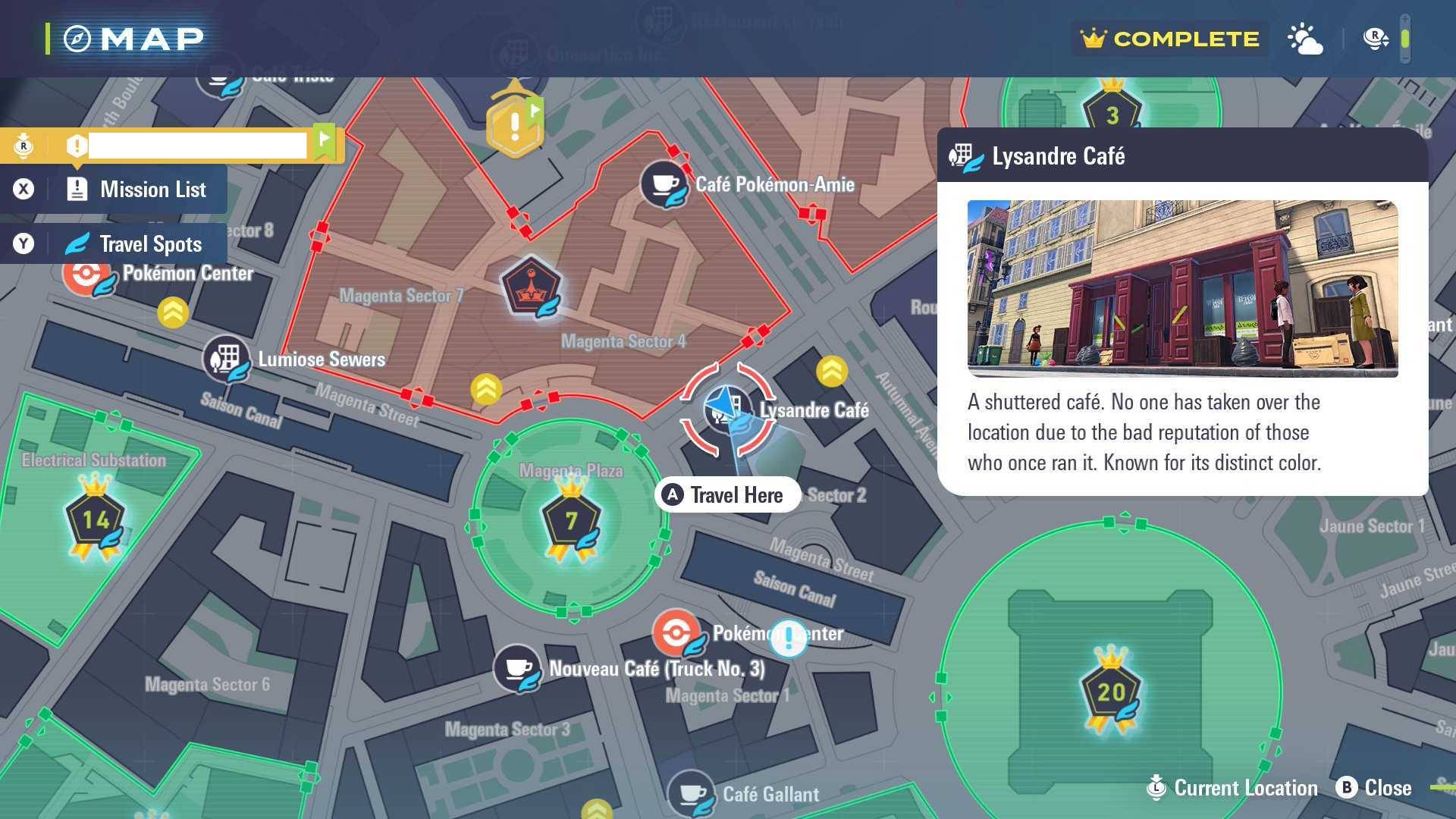 Lysandre Cafe on the Pokemon Legends: Z-A map.