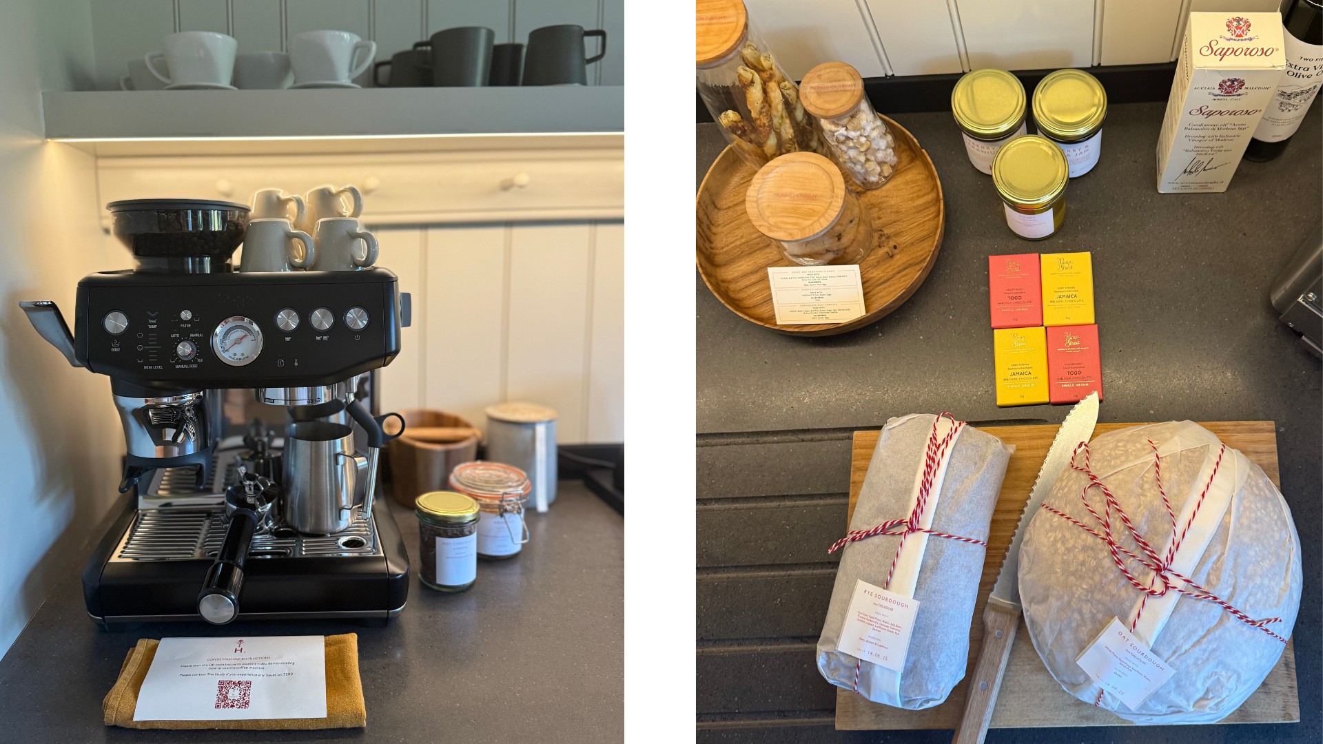 A cottage kitchen stocked with a black Sage Barista Express coffee machine, jars of tea and coffee, artisan sourdough loaves wrapped in paper and string, local honey, olive oil, and chocolate.