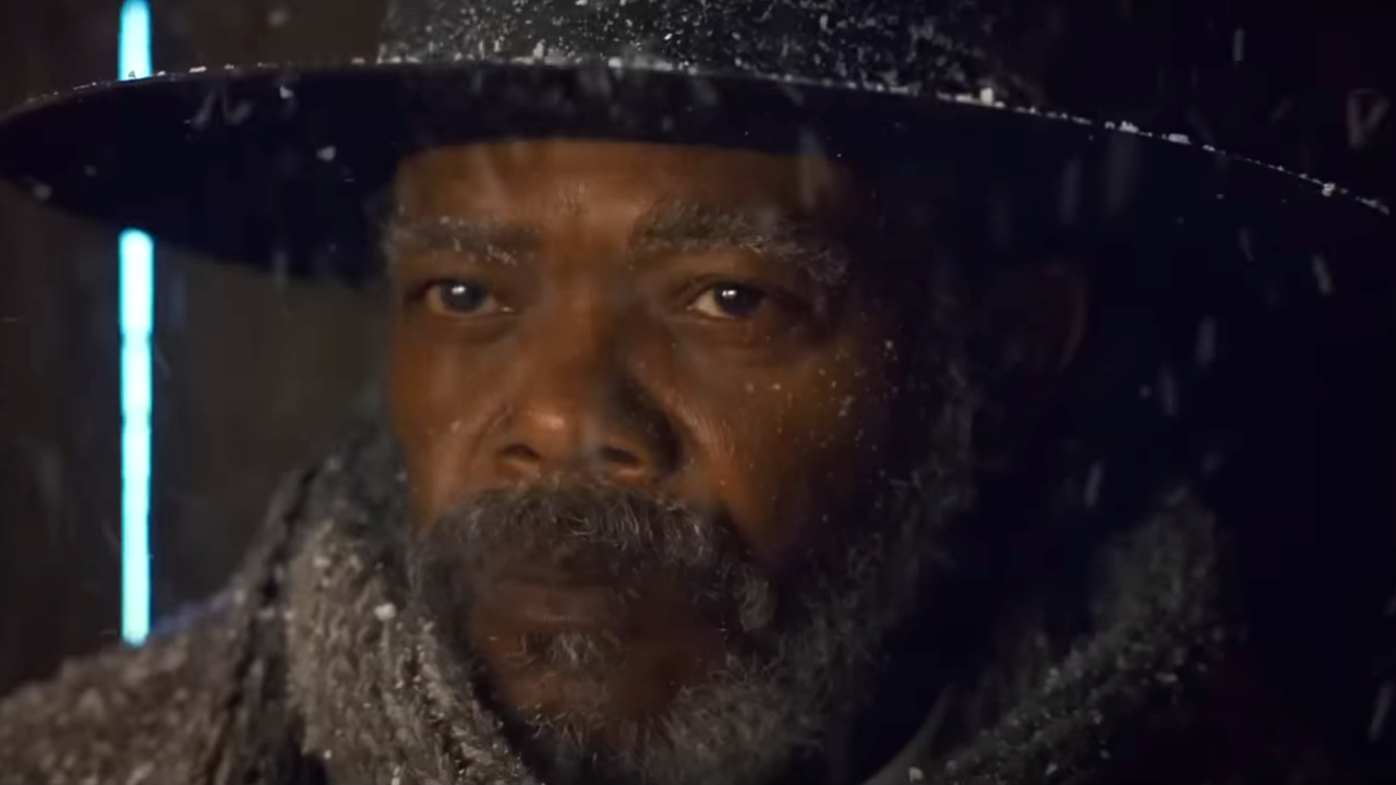 Samuel L Jackson wears an expression of wariness in the snow in The Hateful Eight.