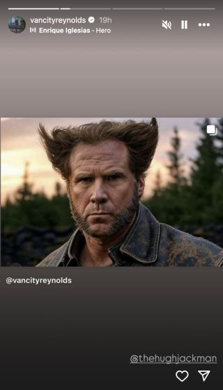 Will Ferrell made up to look like Wolverine, as he stands in front of the twilight woods.