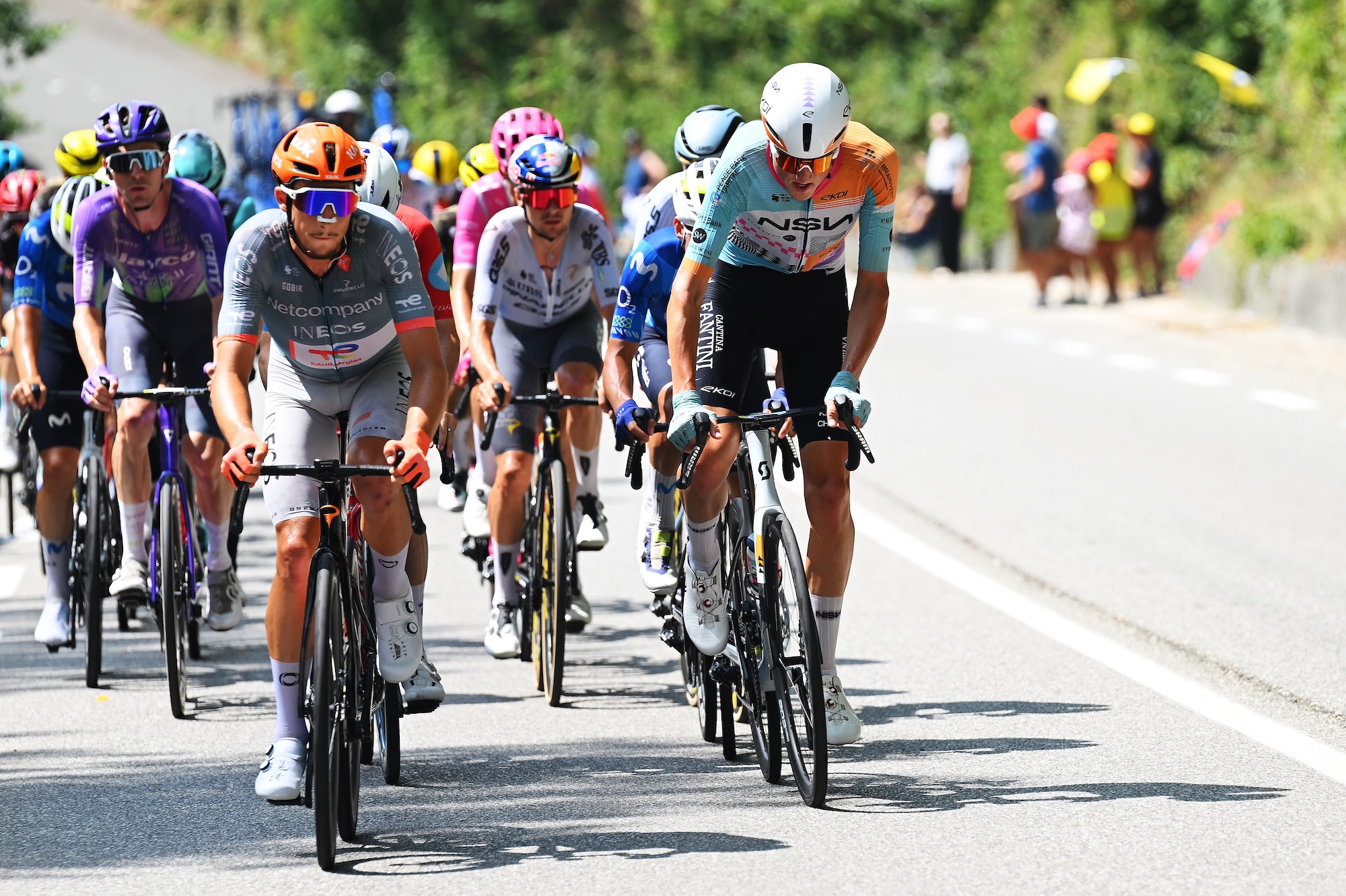 PLATEAU DE SOLAISON, FRANCE - JULY 19: (L-R) Kevin Vauquelin of France and Netcompany INEOS Cycling Team and Marco Frigo of Italy and Team NSN Cycling compete in the breakaway during the 113th Tour de France 2026, Stage 15 a 183.9km a 155.3km stage from Champagnole to Plateau de Solaison 1501m / #UCIWT / on July 19, 2026 in Plateau de Solaison, France. (Photo by Tim de Waele/Getty Images)