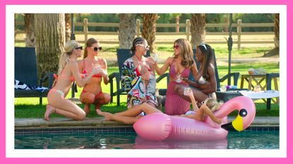 The cast of Selling Sunset by the pool in Palm Springs/ in season 6/ in a pink template