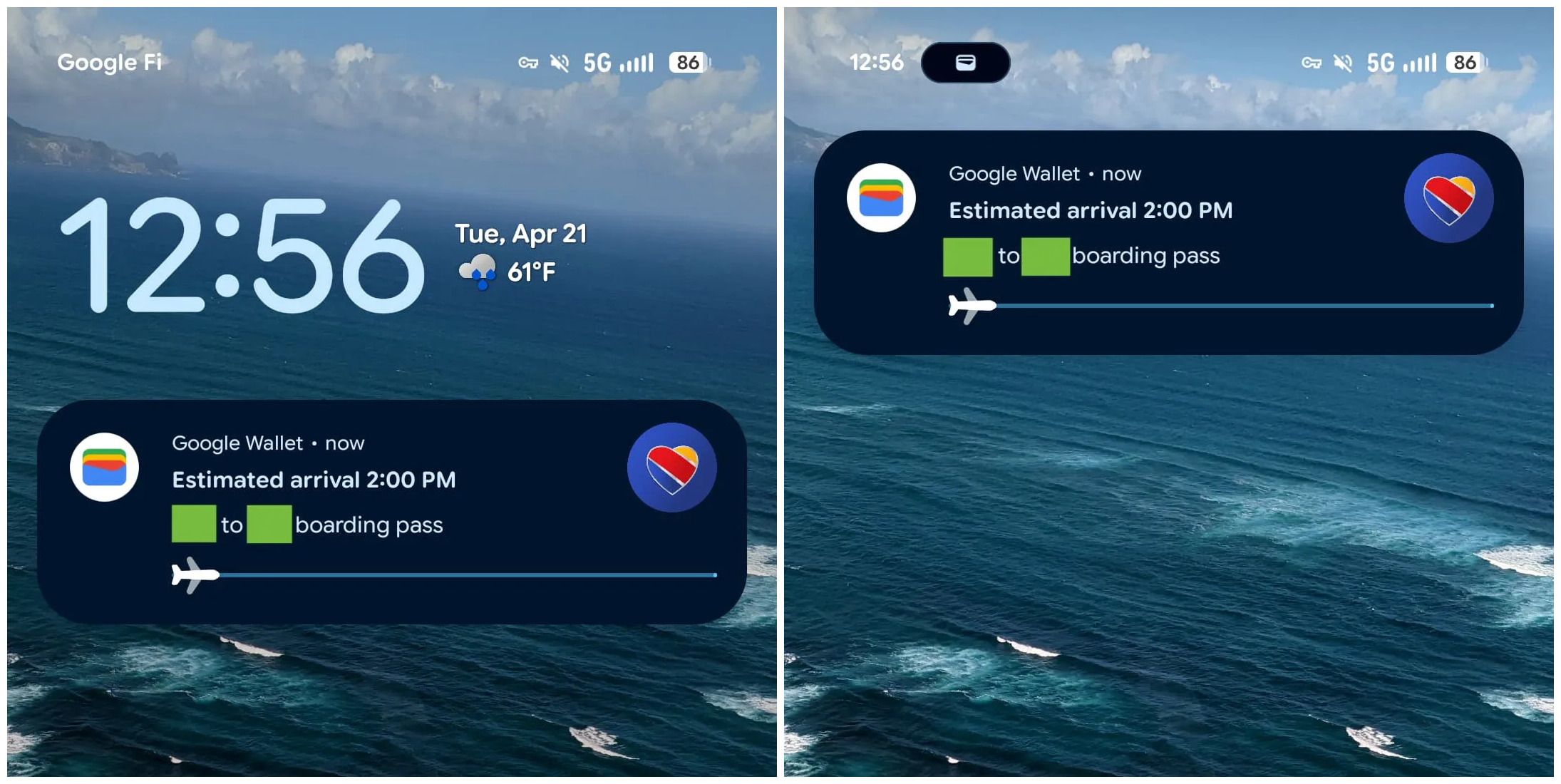 Google Wallet's new notification for live progress of the flight