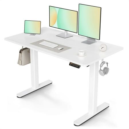 48-inch white standing desk with hooks