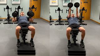 Trainer Luiz Silva demonstrates two positions of the incline dumbbell A-press