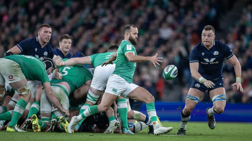 Scotland and Ireland players go for the ball during Scotland vs Ireland at the 2024 Six Nations