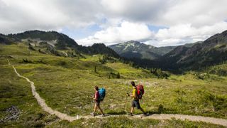 一对情侣在奥林匹克国家公园背包旅行