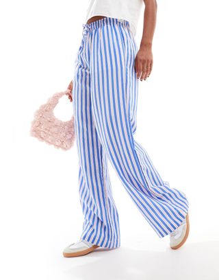 Bershka Tie Waist Wide Leg Linen Look Pants in Blue & Pink Stripe