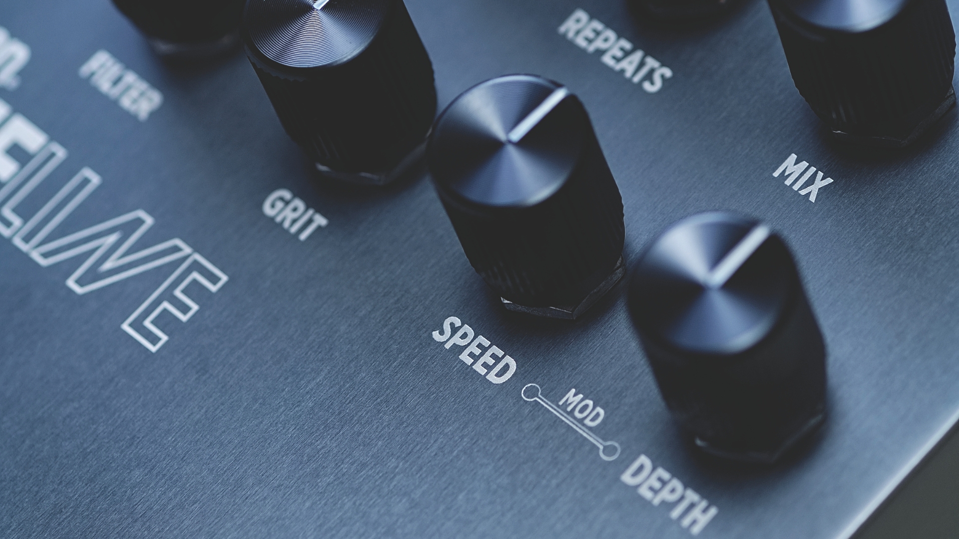 Close up of the controls on a Strymon Timeline delay pedal