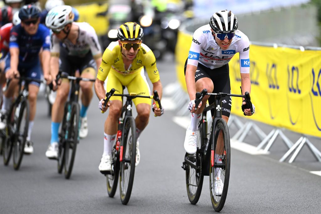 LARUNS FRANCE JULY 05 Tadej Pogacar of Slovenia and UAE Team Emirates White best young jersey competes during the stage five of the 110th Tour de France 2023 a 1627km stage from Pau to Laruns UCIWT on July 05 2023 in Laruns France Photo by Tim de WaeleGetty Images