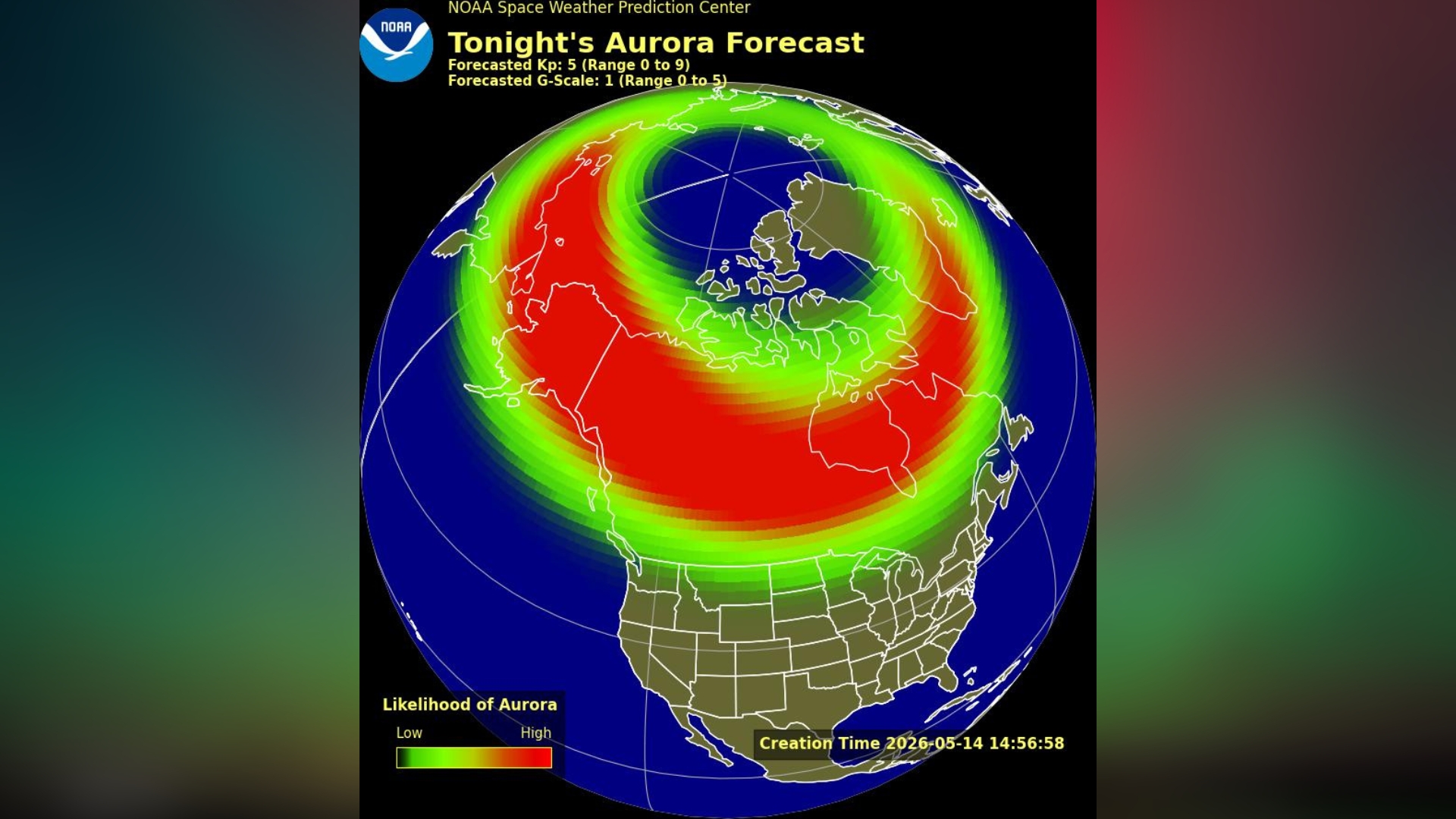 map showing the possible aurora viewing area for northern US.