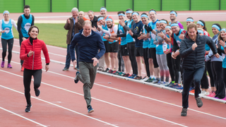 Catherine, Duchess of Cambridge, Prince Wiliam, Duke of Cambridge and Prince Harry take part in a race during a training day for the Heads Together team for the London Marathon at Olympic Park on February 5, 2017 in London, England
