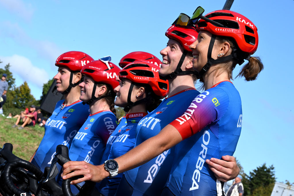 PLOUAY FRANCE SEPTEMBER 02 Cdrine Kerbaol of France Marta Lach of Poland Alice Maria Arzuffi of Italy Laura Asencio of France Franziska Brausse of Germany Hanna Nilsson of Sweden and Team CERATIZITWNT Pro Cycling prior to the 22nd GP de Plouay Lorient Agglomration Trophe Ceratizit 2023 a 1596km one day race from Plouay to Plouay UCIWWT on September 02 2023 in Plouay France Photo by Bruno BadeGetty Images