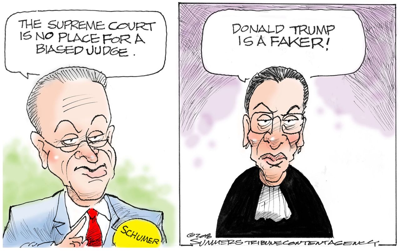 Political cartoon U.S. Chuck Schumer Brett Kavanaugh Ruth Bader Ginsburg biased judge