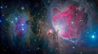 A two panel mosaic of the Orion Nebula (M42) on the right and the Running Man Nebula (sh2-279) on the left, taken by astrophotographer Kevin Morefield. The image required a total of 18 hours of exposures.
