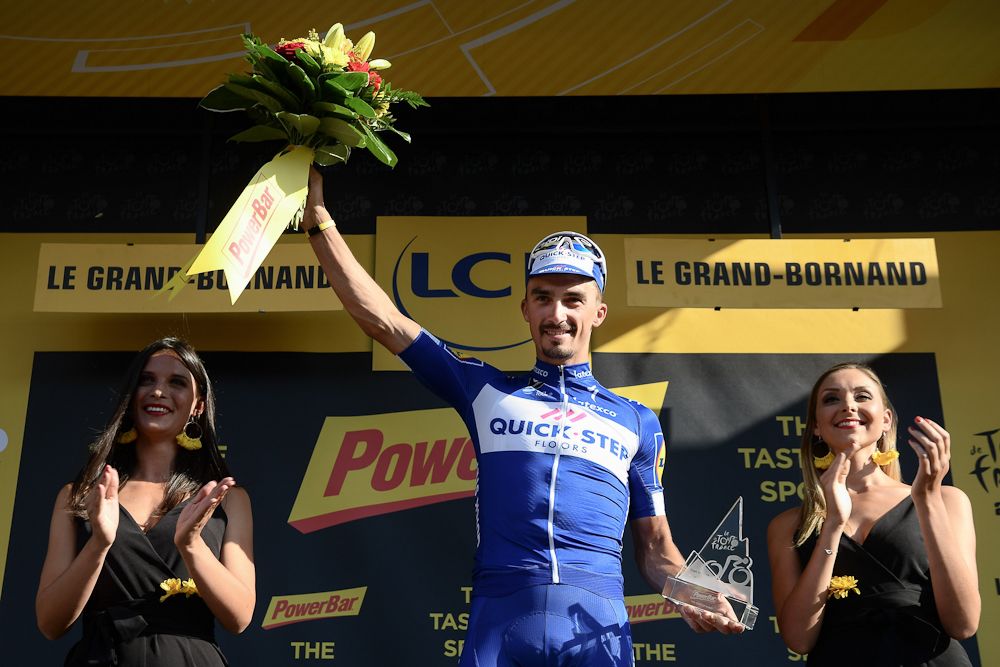 Julian Alaphilippe on the podium after stage 10 at the Tour de France
