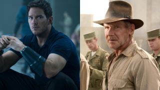 Side by side pictures of Christ Pratt from The Tomorrow War and Harrison Ford from Indiana Jones and the Kingdom of the Crystal Skull