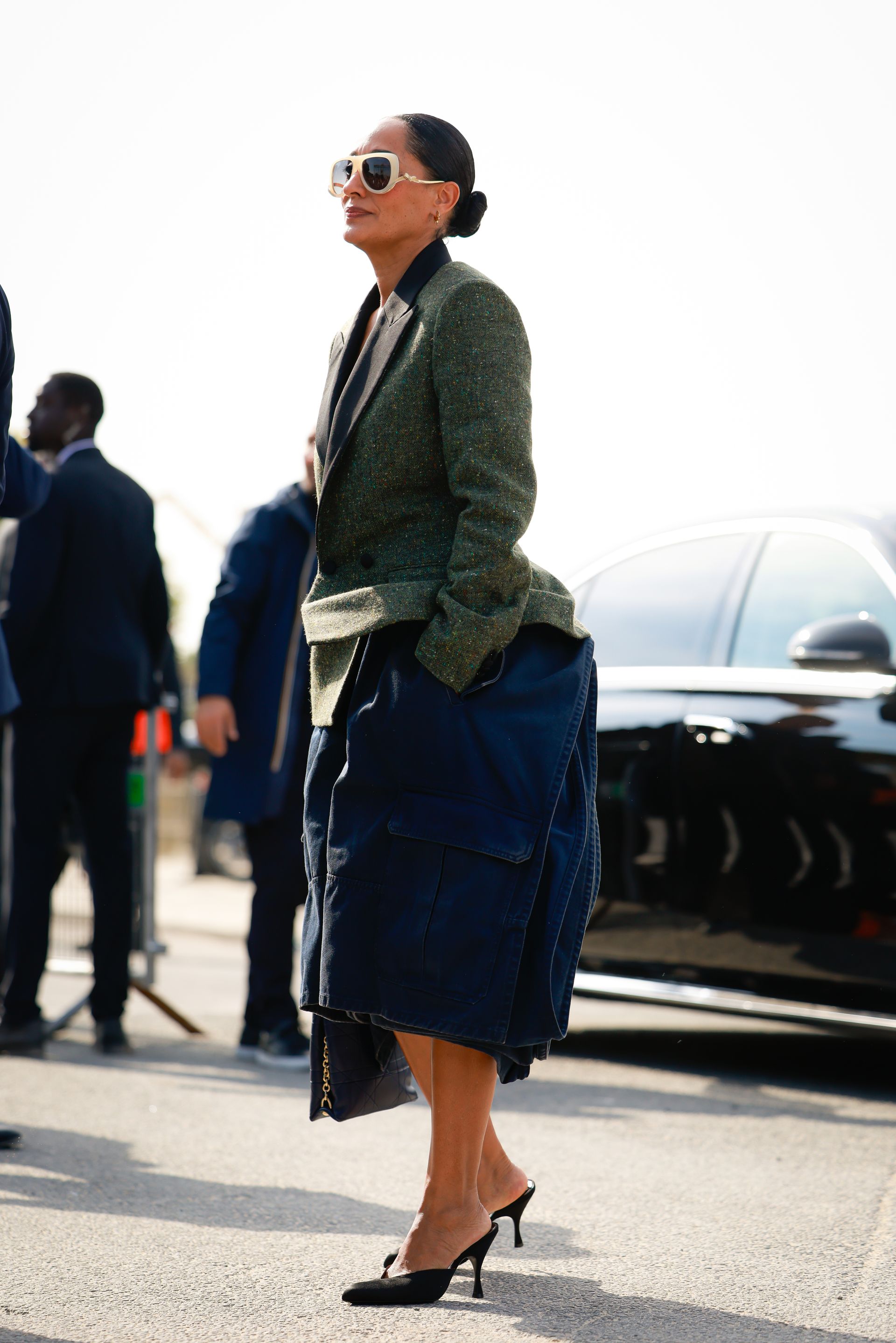 Tracee Ellis Ross wears long cargo bermuda shorts, one of the biggest autumn 2025 fashion trends for over '50s, while at Dior's Paris Fashion Week show.