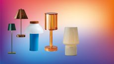 a collage of portable table lamps on a colorful background