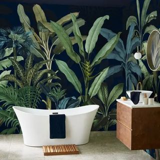 Congo Nightfall Bespoke Mural in bathroom with freestanding white bath and wooden wall mounted vanity unit