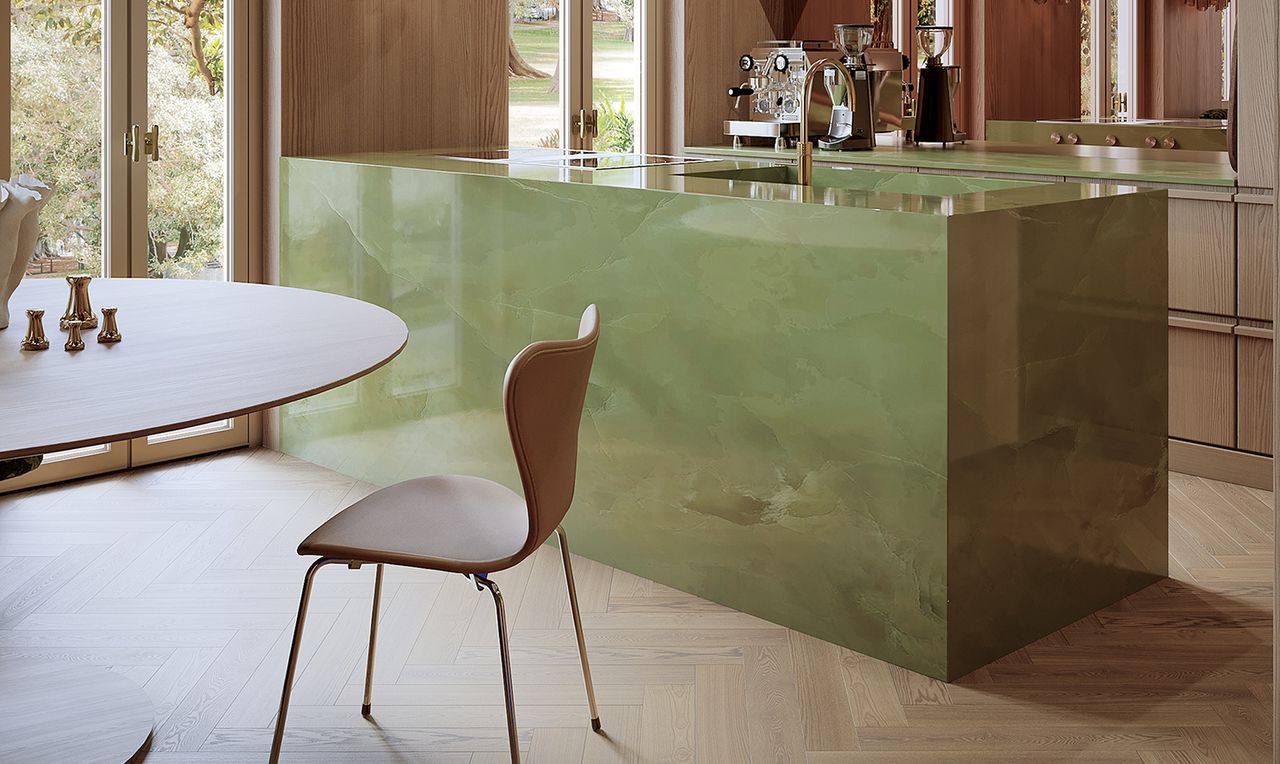 green kitchen island in a brown wood kitchen