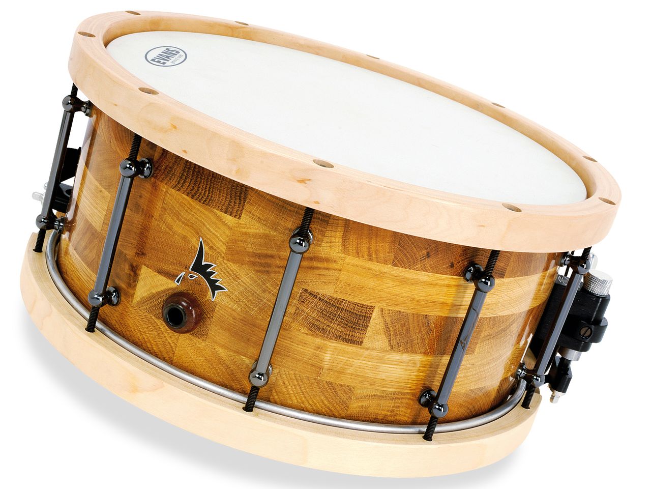 A wide choice of hoops is available, including the maple hoops on this 14"x6&frac12;" oak/mahogany drum