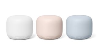 best mesh Wi-Fi system Google Nest Wifi in white, pink, and blue against a white background