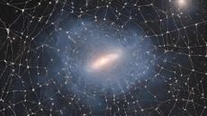 An illustration shows a galaxy ensnared within a cosmic web of gas dust.