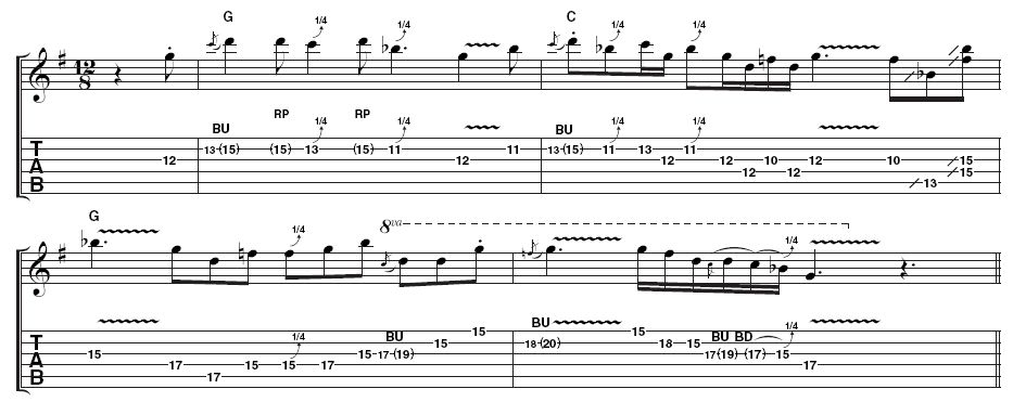 Example 2: Here's another take over the same backing, again using the G blues scale, but in a higher position. As with Example 1, there are lots of quarter-tone bends and a Hendrix-style wide vibrato - not easy on the heavy .012 gauge strings Stevie liked to use. Exaggerate the staccato notes and really let rip on the slides in bar 2.
