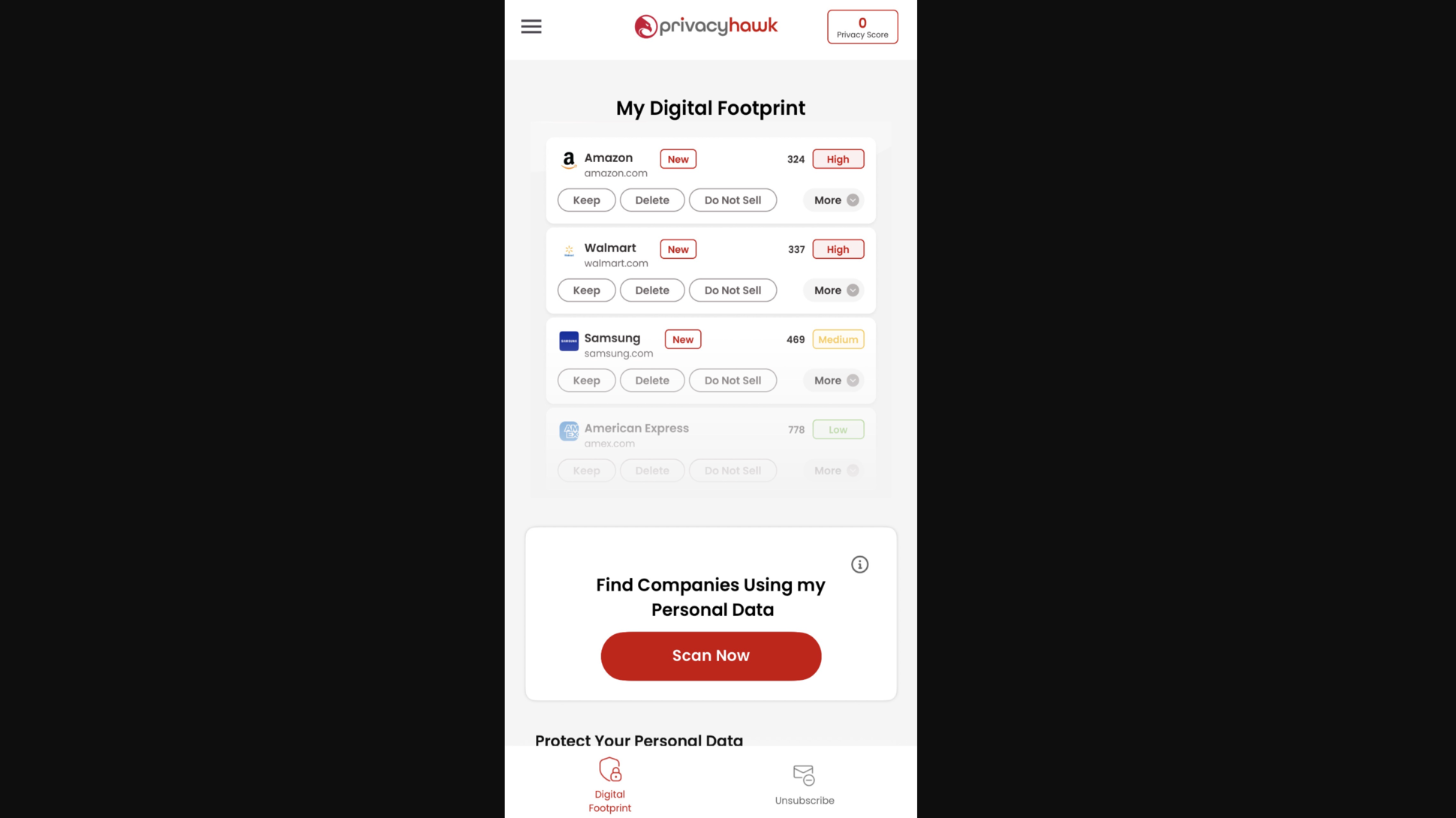 PrivacyHawk&amp;rsquo;s mobile interface