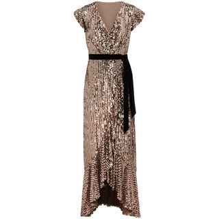 long gold sequin gown with black belt