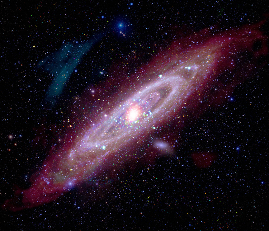 A tilted purple swirl against a black background punctuated by white and blue specks