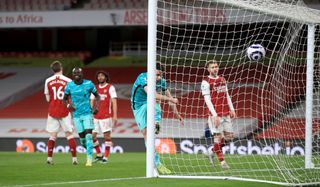 Liverpool’s Diogo Jota scores their third goal of the game during the Premier League match at The Emirates Stadium, London. Issue date: Saturday April 3, 2021