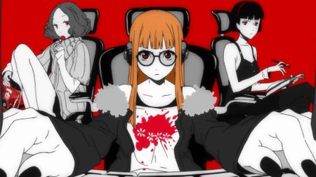 Haru, Futaba, and Makoto seen in the animated opening for Persona 5.